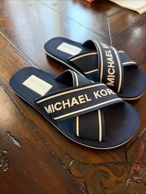 Michael Kors Navy and White Cross-Strap Logo Slides